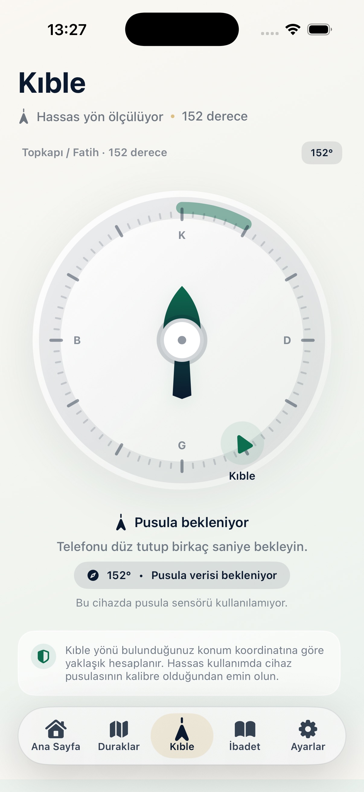 Kıble pusulası ekranı