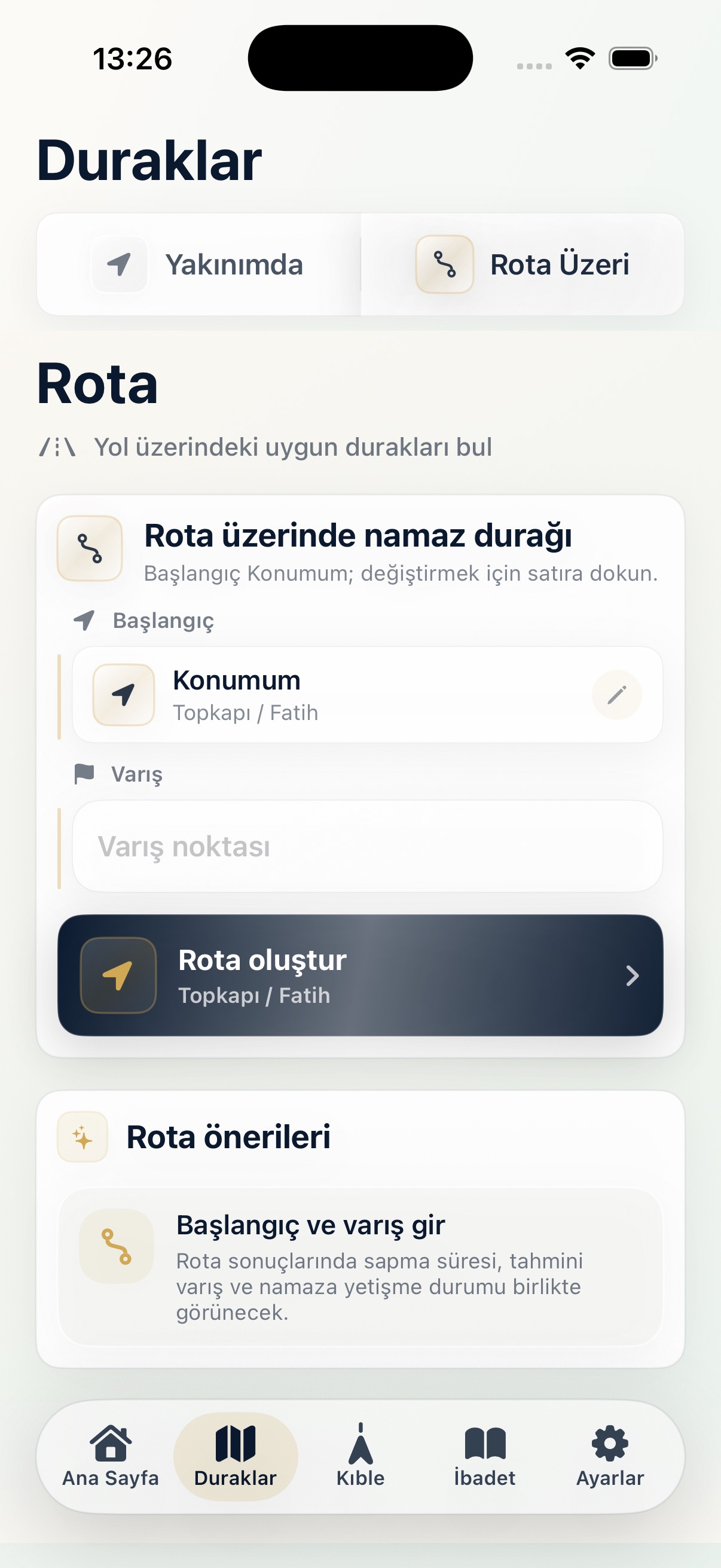 Namazı Kurtar sonucunda önerilen durak ekranı