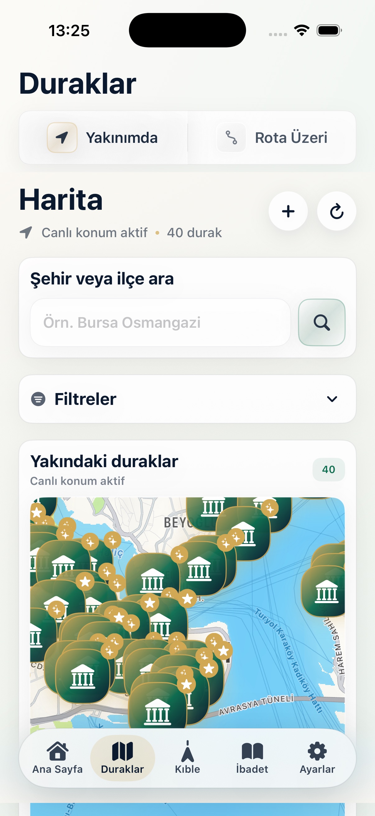 Durak listesi ve harita ekranı
